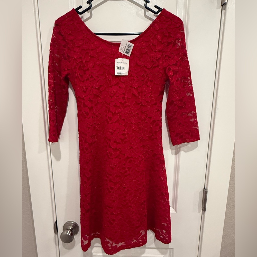 Lush NWT Red Floral Lace low back 3/4 Sleeve Mini Dress XS
